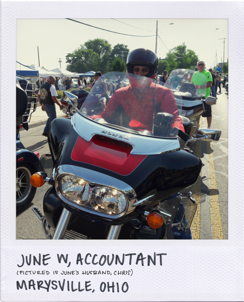 Polaroid photo depicts Chris, husband of June (who is our accountant at Motomentum), parked with several other motorcyclists at a charity ride in Marysville, Ohio