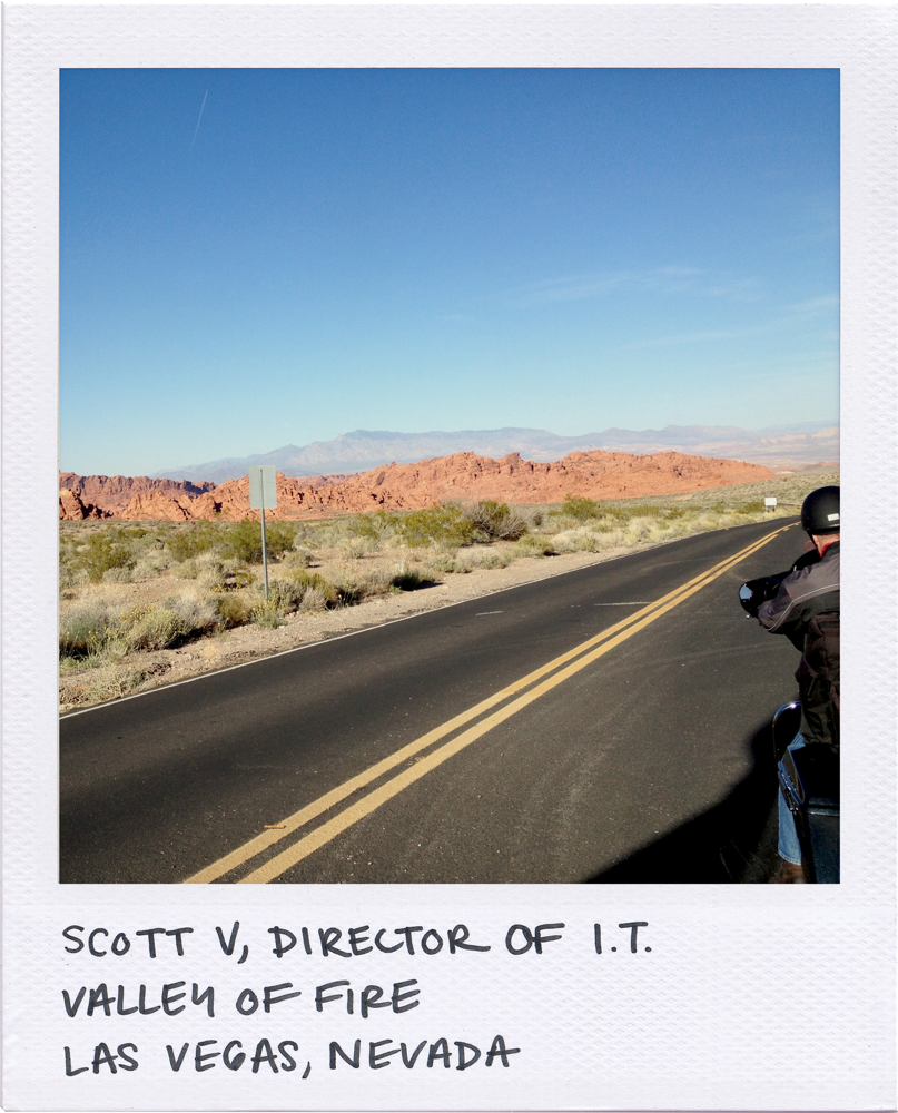 Polaroid photo showing the Valley of Fire in Las Vegas, Nevada, from the road on a motorcycle
