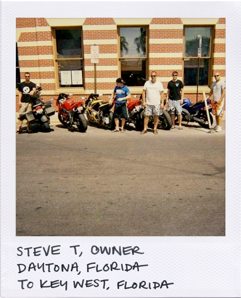 Polaroid photo of Motomentum owner, Steve Tietjen, with his motorcycle buddies on a ride down route I-95 in Florida