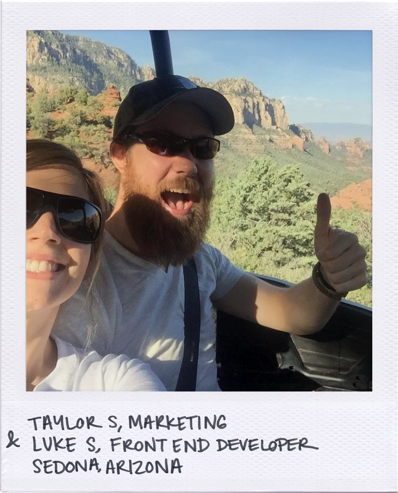 Polaroid photo with Motomentum's own, Luke &amp; Taylor, parked in a UTV on the side of a mountain in Sedona, Arizona