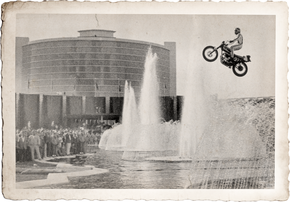 black and white photo of Evel Knievel attempting to jump the Caesar's Palace fountains in Las Vegas, NV