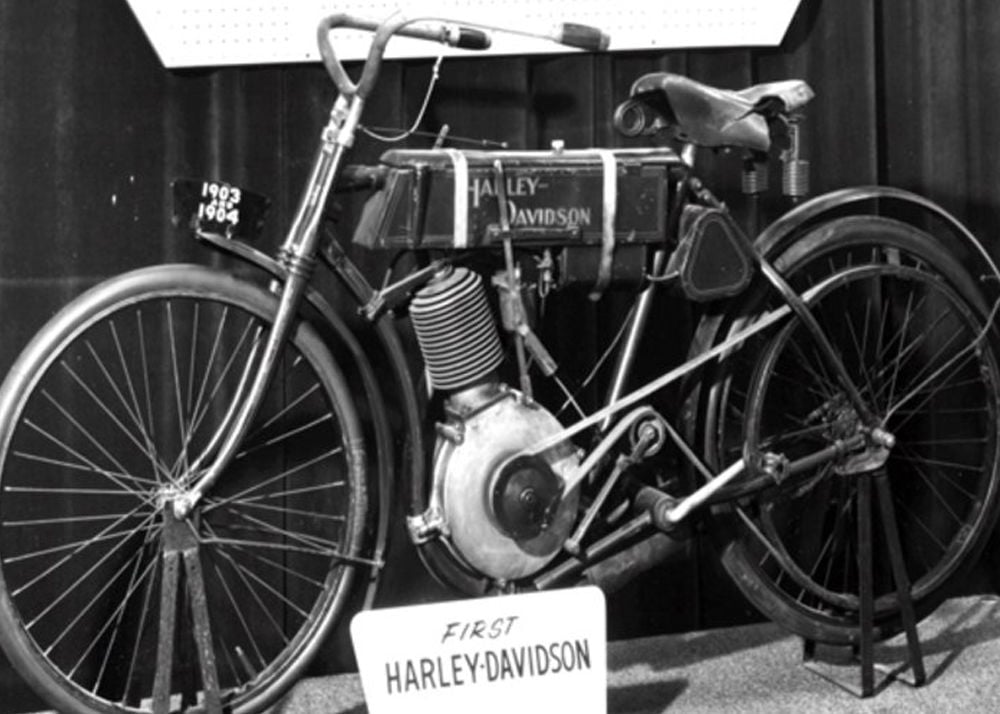 black and white photo of the first Harley Davidson motorcycle circa 1903-1904