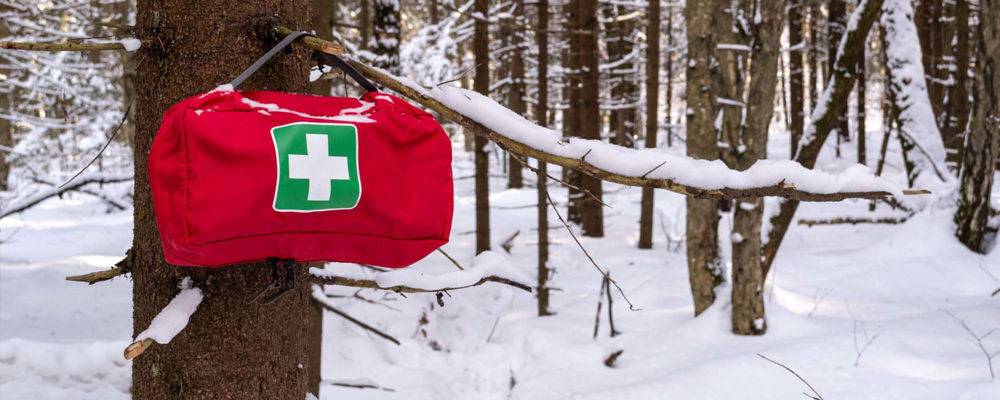 First Aid kit hanging in a tree in a snow-covered forest