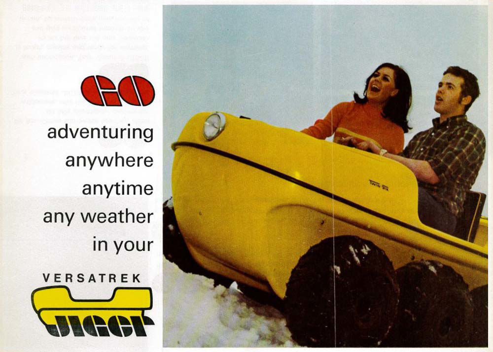 Scanned image of a Jiger ad showing a male and a female riding through the snow in a yellow Jiger