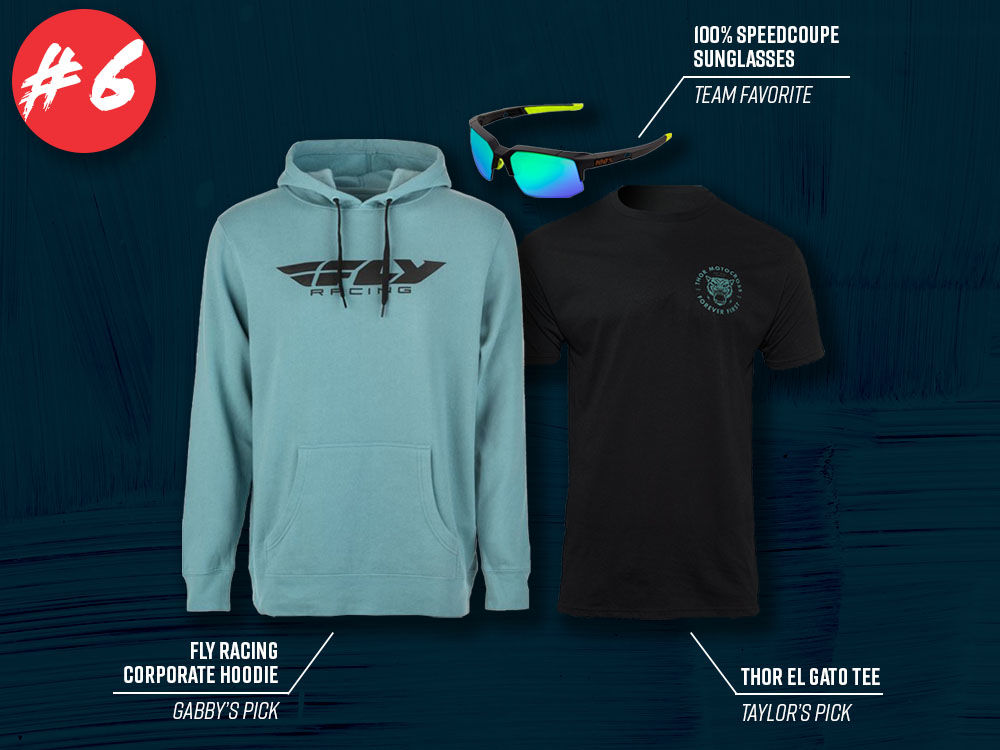 #6 - 100% Speedcoupe Sunglasses, Fly Racing Corporate Hoodie, Thor El Gato Tee