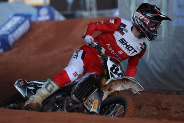 Scott Meshey in a red and white Shot jersey during a 2022 Supercross race