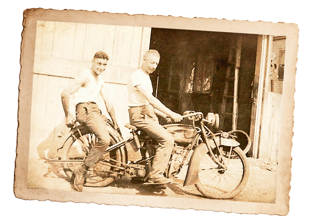 An old photo depicting an Excelsior motorcycle