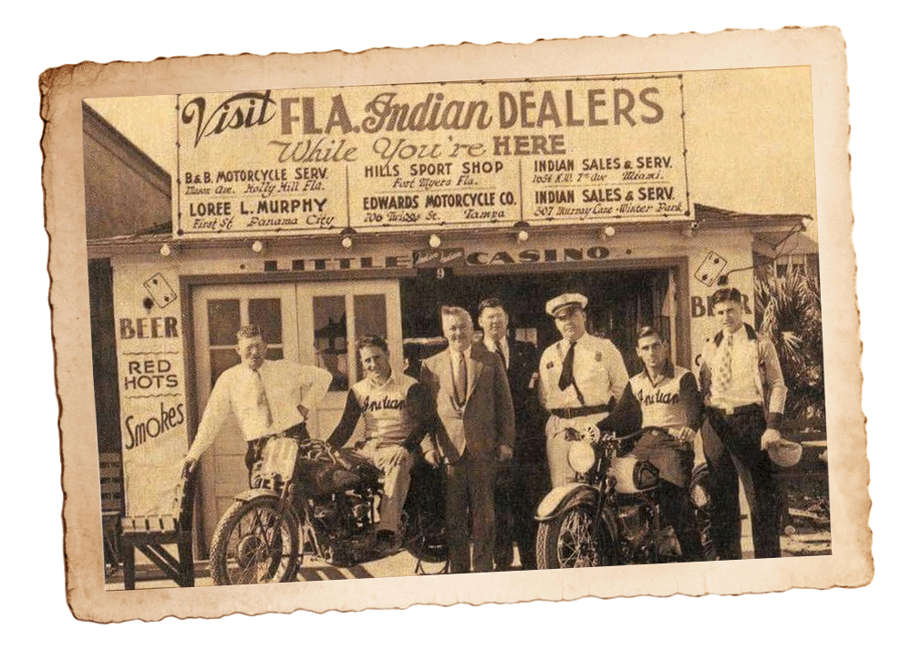 An old photo depicting a Indian motorcycle dealership in the early 1900s