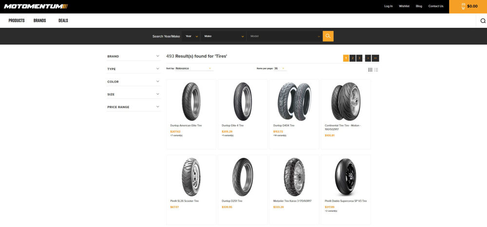Screen shot of the Motomentum Tires web page